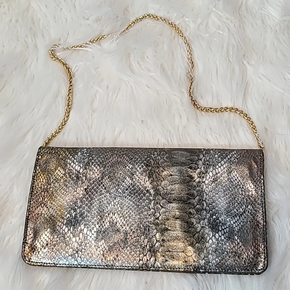 Inge Christopher leather snakeskin clutch Gold Silver Beaded Art Deco‎ New Year